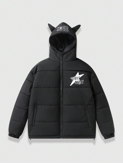 Street Life Manteau décontracté matelassé à capuche avec fermeture zippée et imprimé lettrage pour hommes en hiver