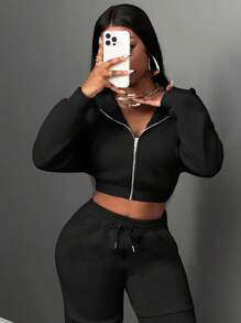 Slaydiva Conjunto de Moletom Feminino para Outono e Inverno, Novo, Casual, Esportivo, com Capuz, Manga Longa, Zíper, Cardigan + Calça de Perna Larga com Pregas em Ambos os Lados, Veludo Cinza Claro com Estampa Floral - Preto - Visão 4
