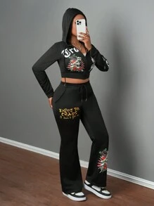 Slaydiva 女士两件套字母印花长袖拉链连帽短款卫衣和裤子休闲套装，秋季 - 黑色 - 查看 4