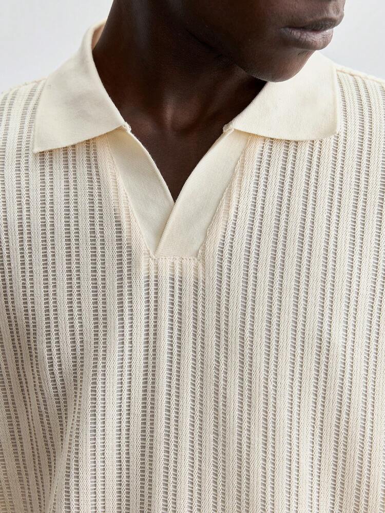 SHEIN Maija Men's 2025 Spring/Summer Loose Fit Casual Regular Collar Fashionable Commute Asymmetric Stripe Short Sleeve Half-Placket Polo Shirt, Suitable For Daily Wear, Holidays, New Year Parties, Valentine's Day, Dates