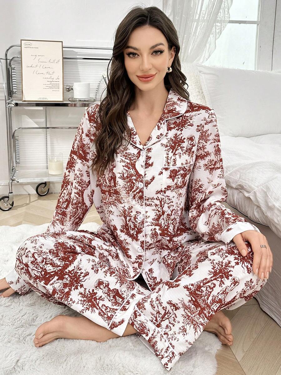 Bộ đồ ngủ tay dài cổ ve in họa tiết toàn thân, quần áo thu đông - Gỗ đỏ - Xem 1