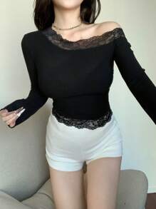 DAZY 女式蕾丝撞色不对称领口长袖T恤，秋季女装