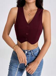 SHEIN PETITE Summer Tank TopsSolid Button Front Crop Waistcoat - Burgundy - View 4