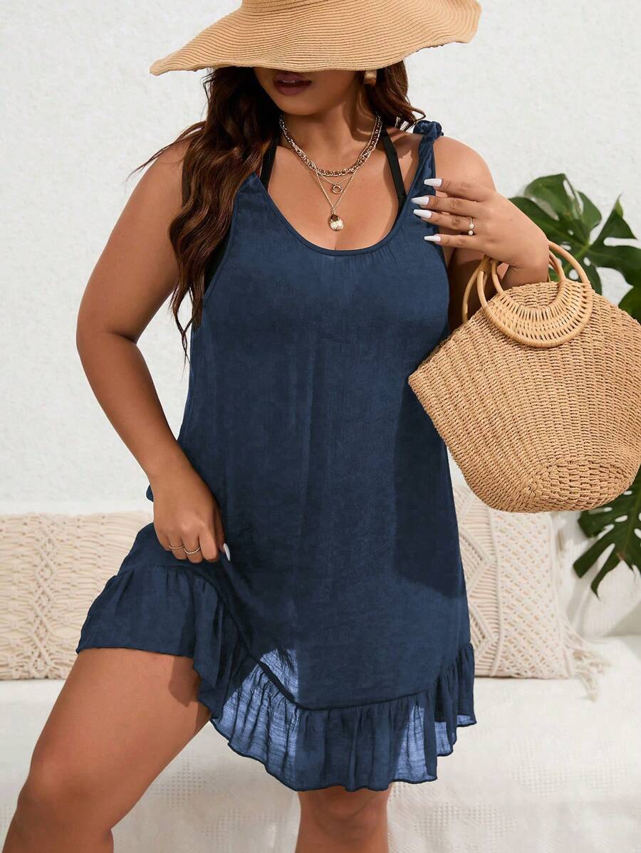 Swim Lushoire Summer Beach Plus Ruffle Hem Tie Shoulder Cover Up Dress - Navy Blue - View 1