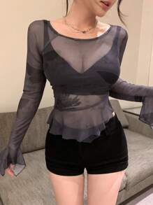 DAZY 女士蝴蝶网纱不对称荷叶边拼接上衣，半透明长袖女士上衣，秋季女士外出上衣 - 黑色 - 查看 8