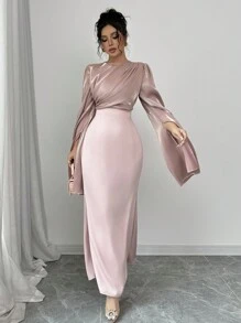 Rafferiza 女士优雅收腰鱼尾下摆鸡尾酒会连衣裙，喇叭袖，闪亮面料，秋冬长款女装 - 粉色 - 查看 7