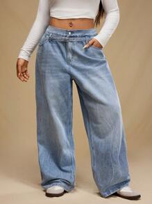 Forever 21 大码女式时尚休闲中腰洗水男友风牛仔裤 - 藍色 - 查看 1