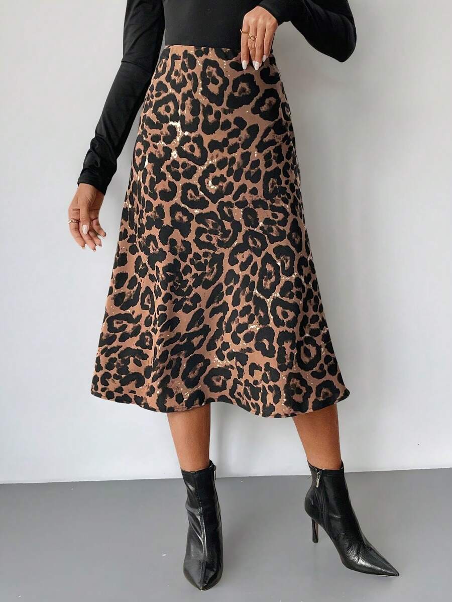 SHEIN LUNE Falda estampado de leopardo elegante y casual para mujer, otoño/invierno - Multicolor - Ver 1