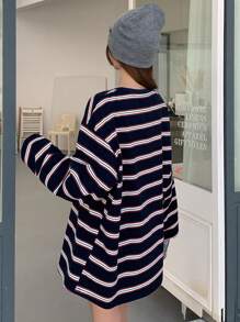 DAZY Striped Loose Drop Shoulder Long Sleeve Round Neck Women T-Shirt,Fall Clothes