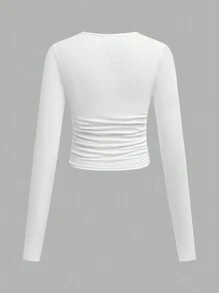 3pcs/Set Tween Girls Fitted Casual Solid Color & Striped Round Neck Ruched Waist Long Sleeve T-Shirt, Black & White Striped Knit Tops - Black and White - View 4