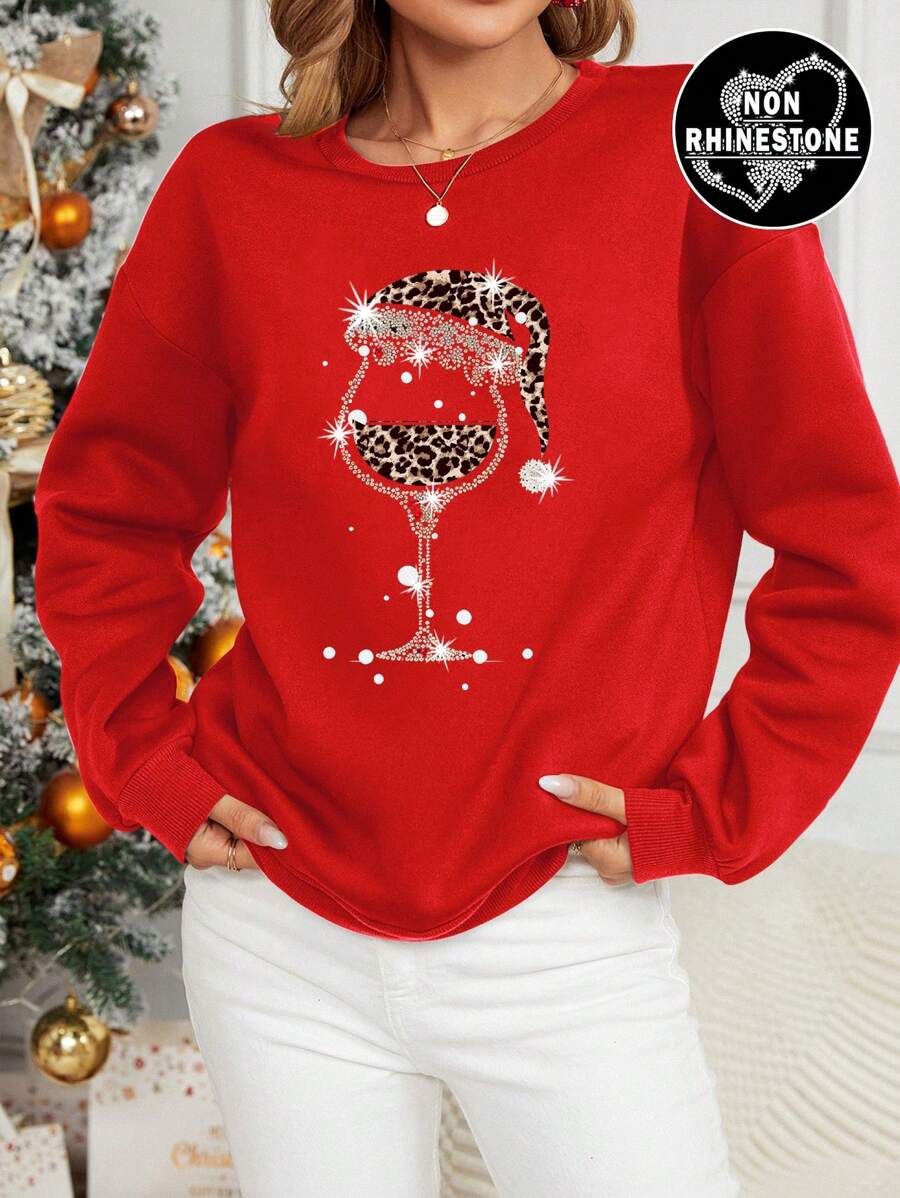 SHEIN EZwear Casual Minimalist Wine Glass Print Crew Neck Loose Fit Women Sweatshirt, Autumn/Winter - Red - View 1