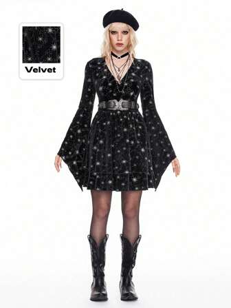 ROMWE Avant Women's Velvet Silver Foil Snowflake Print V-Neck Bell Sleeve Stylish Mini Dress