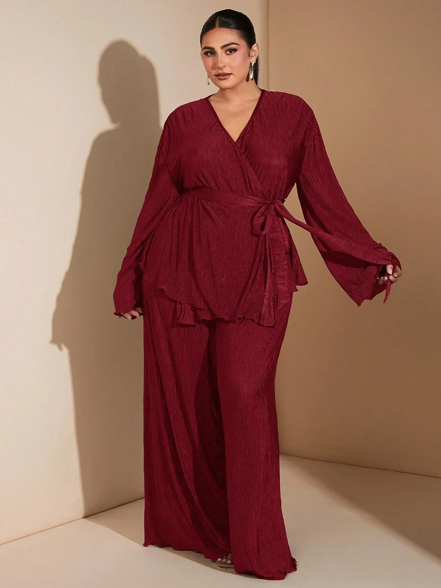 SHEIN BAE Plus Size Women Elegant Going Out Outfits For Daily Dates, Parties, Gatherings - Fitted Long Sleeve Shirt, High Waisted Wrap Pants, Fall Autumn Ensemble - Burgundy - View 1