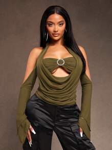 SHEIN SXY 新年优雅性感夜店必备情人节休闲街头Y3K ICON军绿色网布假两件长袖吊带上衣 - 軍綠色 - 查看 4