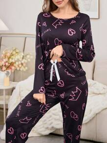 Heart Crown Sketch Design Women 2 Pieces Pajama Set, Fall Winter Clothes Cozy And Elegant Details - Multicolor - View 1