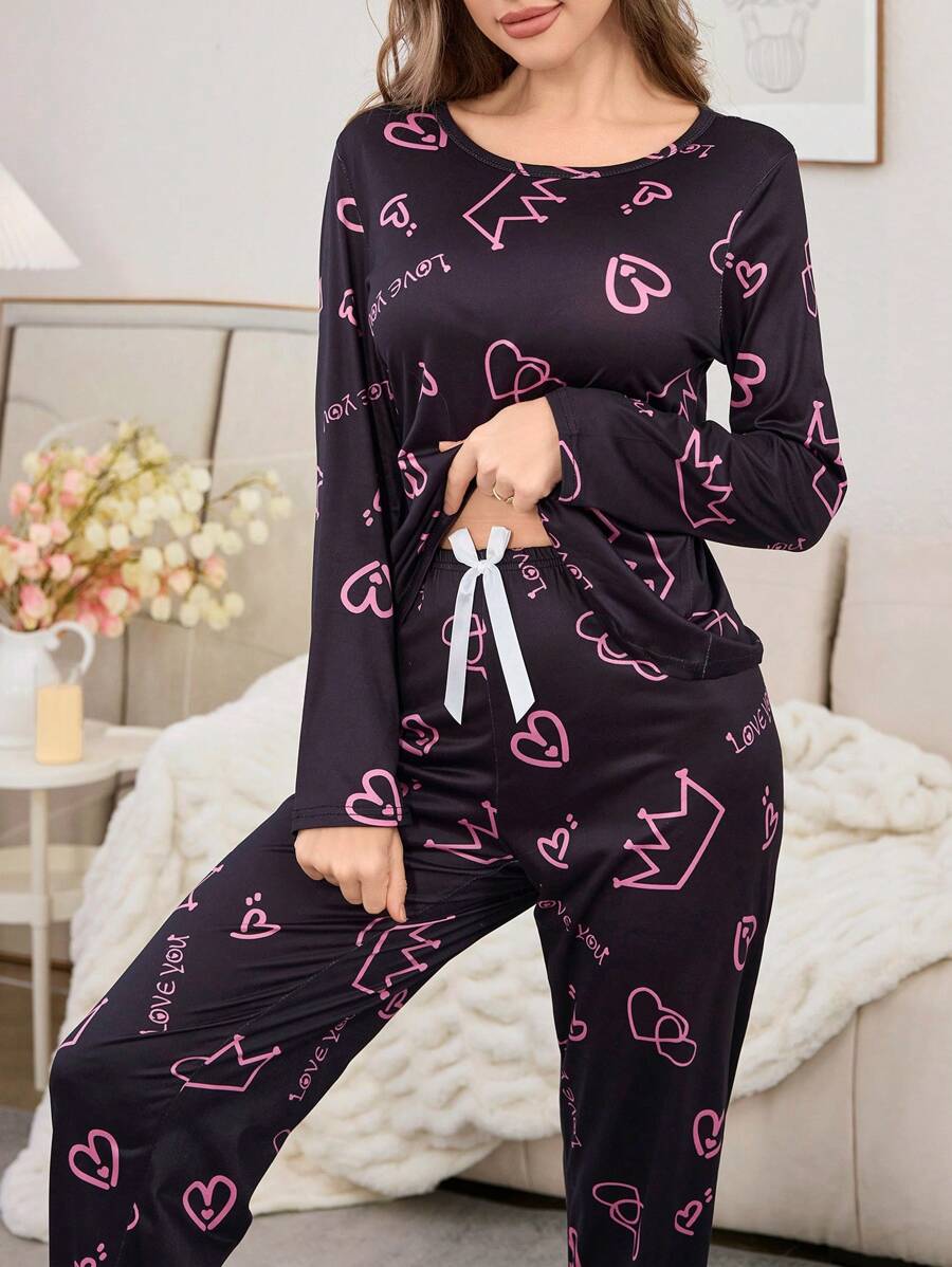 Heart Crown Sketch Design Women 2 Pieces Pajama Set, Fall Winter Clothes Cozy And Elegant Details - Multicolor - View 1