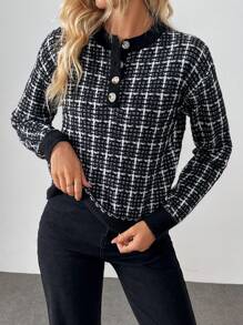 SHEIN LUNE Jersé informal y holgado de cuello redondo, manga larga, textura cálida, diseño en blanco y negro, adecuado para mujer en otoño e invierno