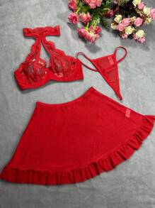 Set de 3 piezas de ropa interior sexy para mujer con encaje y empalme de malla con aros