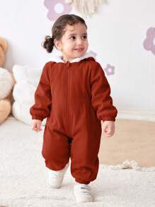 SHEIN Bộ đồ liền thân trùm đầu bằng vải nhung kẻ cho bé gái sơ sinh, thiết kế màu ấm áp cho mùa thu/đông - Nhiều màu - Xem 3