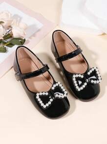 Girls' Spring/Autumn Faux Pearl Bowknot Mary Jane Flats, Princess Style Fashion Shoes - Black - View 1