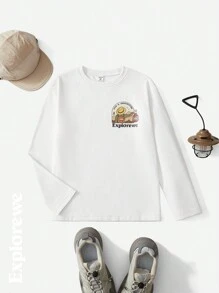SHEIN Camiseta de manga larga con estampado gráfico de forro polar informal para niño preadolescente, para actividades al aire libre
