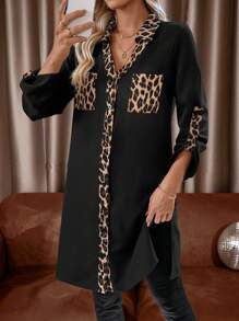 EMERY ROSE Autumn Casual Leopard Print Patchwork Roll-Up Sleeve Shirt