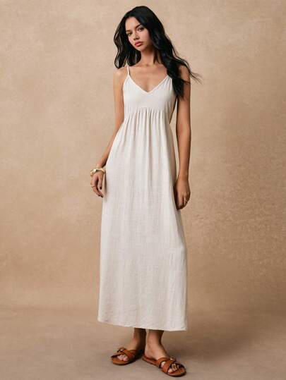 Poéselle 女士细肩带连衣裙，露背领结连衣裙，宽松亚麻夏季度假休闲太阳裙