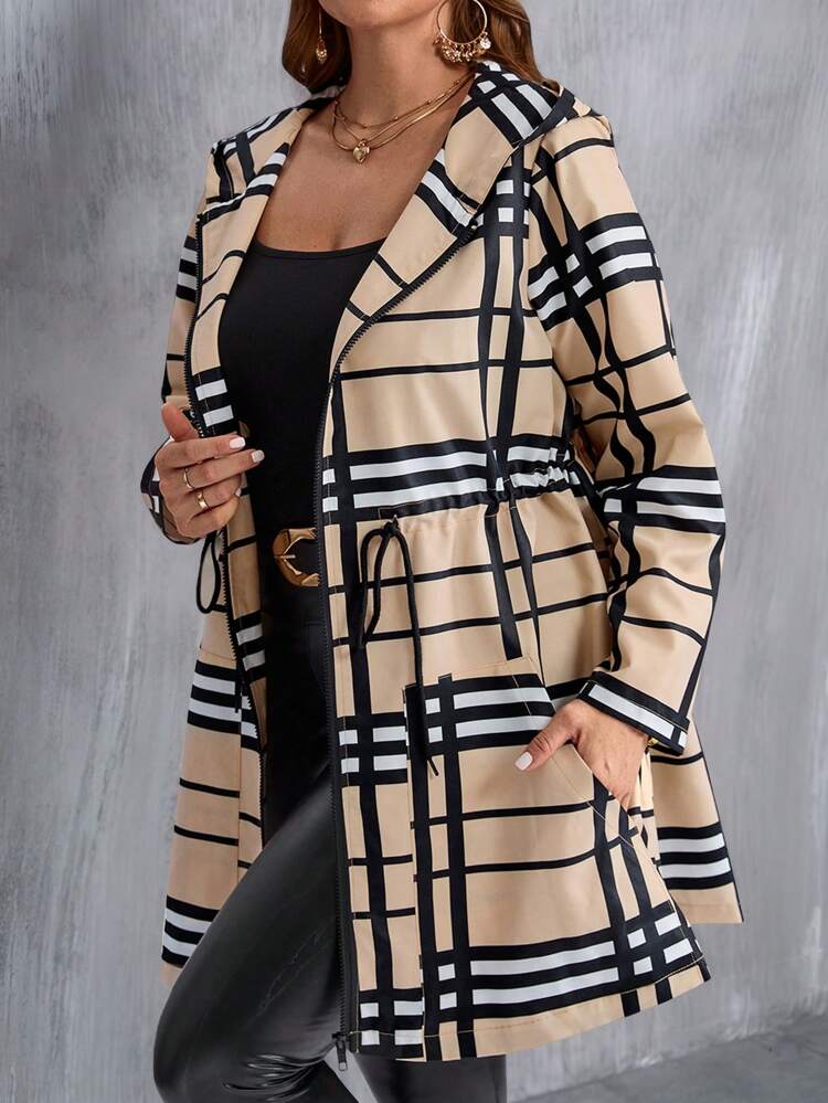 Veste à capuche décontractée pour femme grande taille, taille à cordon de serrage et fermeture éclair, manteau d'hiver pour femme