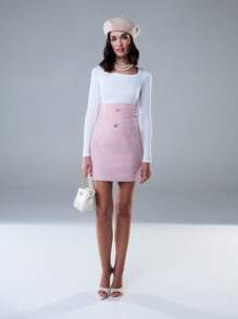 SHEIN Unity Váy cài nút phía trước thanh lịch cạp cao bằng vải tuýt lấp lánh - Hồng - Xem 4