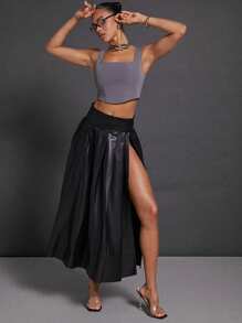 Hauture 1pc Women Solid High Waist Pleated Side Slit Maxi Skirt - Black - View 1