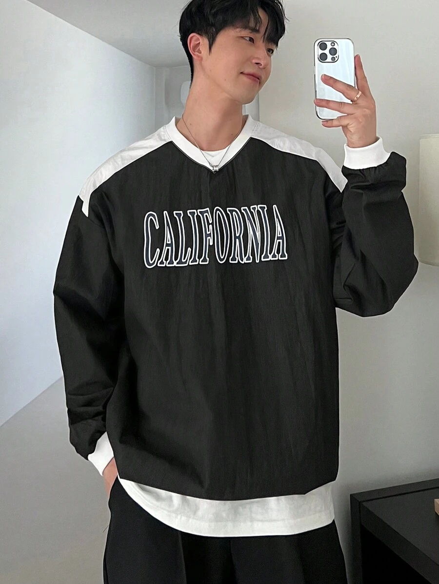 DAZY Men's Solid Color Patchwork Long Sleeve Letter Print Casual Pullover Sweatshirt,Fall Clothes Business Attire - Black - View 1