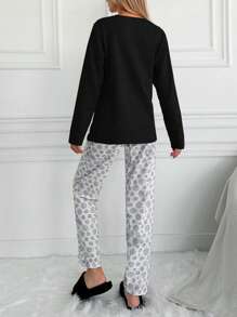 EURMUSE Conjunto de pijama de mujer de algodón con estampado de lunares y letras - Negro - Ver 2