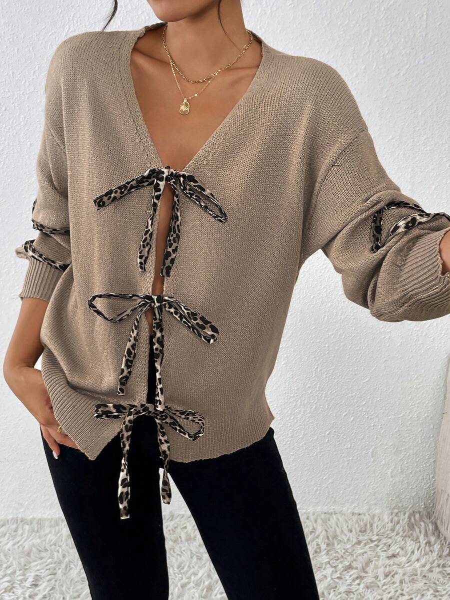 SHEIN Clasi Women Leopard Print Patchwork Front Tie Loose Casual Long Sleeve Cardigan, Autumn/Winter