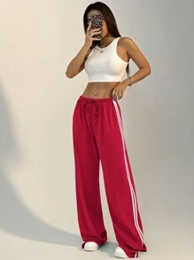Women's Casual Striped Front Tie Sports Sweatpants, Autumn For New Year Clothes - Red - View 6