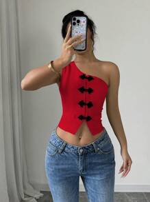 Gloray 1pc Asymmetric Hem Snap Button Front Sleeveless Top For New Year Clothes - Red - View 3