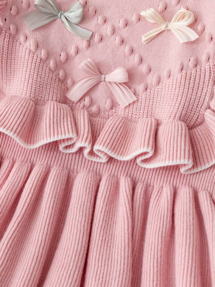 Souflis Souflis Young Girl's Pink Bow Sweater Dress, Ruffled Round Neck Long Sleeve Knitted Dress - Pink - View 4