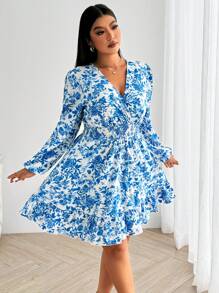 SHEIN Franclia 大码女式花卉印花褶皱长袖腰带优雅连衣裙 - 藍色 - 查看 6