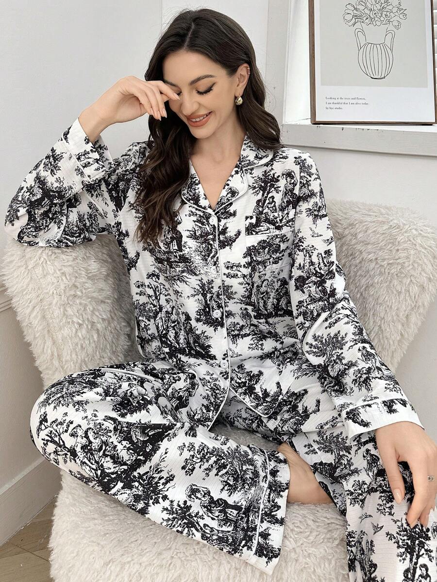 LuxeNights Bubble Wrinkle Print Lapel Collar Long Sleeve Top & Pants Pajama Set, Fall Winter Clothes Cozy And Elegant Details - Black - View 1