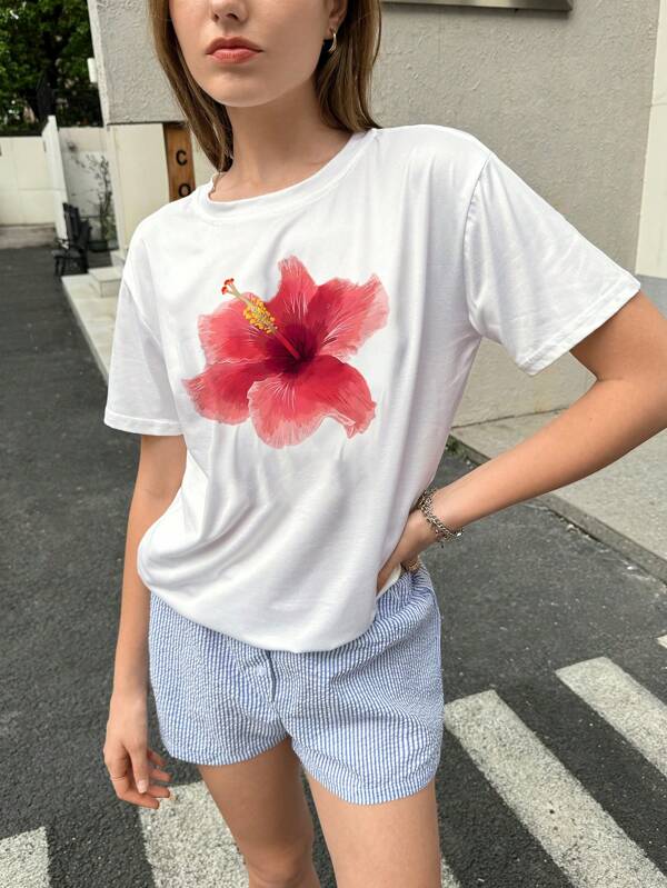 INAWLY Y2k Style Flower Print Short Sleeve T-Shirt For Summer Graphic Tees Women Tops