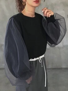 FRIFUL Áo thun tay dài cổ tròn rộng rãi phối lưới tương phản dành cho nữ - Màu xám đen - Xem 5