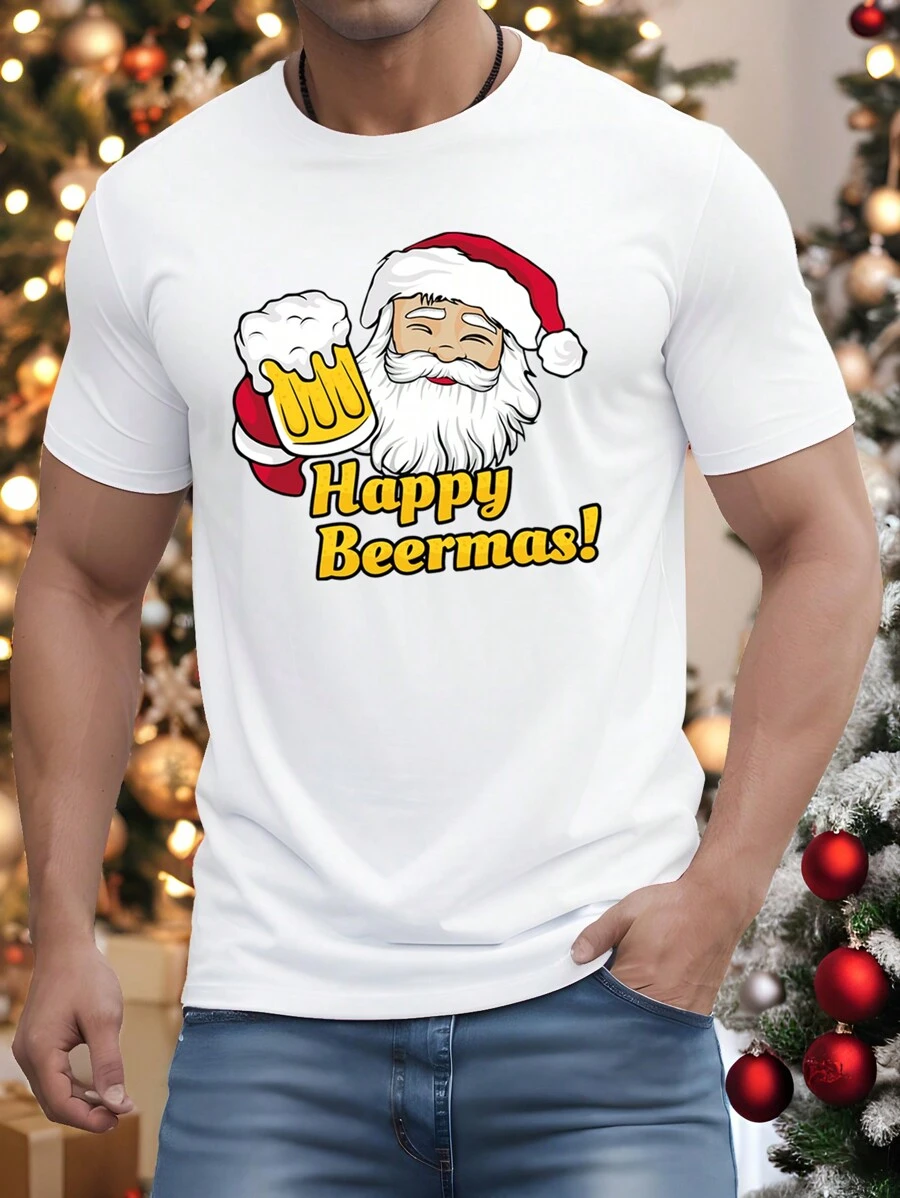 Manfinity Homme 圣诞节圣诞老人喝啤酒印花男式休闲白色 T 恤 - 白色 - 查看 1