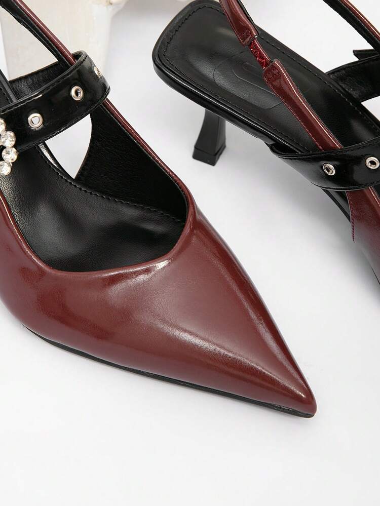 CUCCOO CHICEST Women's Pointed Toe Studded Ankle Strap Mid Heel Block Color Pumps, Elegant Office Wear & Romantic Outfit, Chocolate Brown & Black