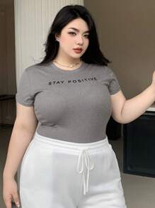 Dazy Plus Round Neck Letter Print Slim Fit Short Sleeve T-Shirt,Crop Tops Women - Grey - View 6