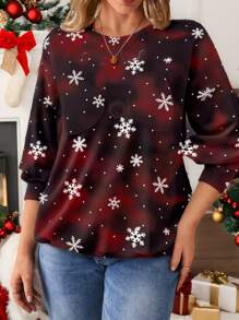 SHEIN LUNE Áo nỉ chui đầu lót nhiệt họa tiết bông tuyết đỏ nhuộm loang cho nữ, phù hợp cho mùa thu đông - Màu Đỏ Sâu - Xem 4