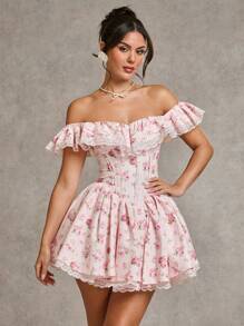 SHEIN BAE 秋冬纯粉色和碎花露肩荷叶边蕾丝拼布连衣裙，公主风格适合鸡尾酒会、浪漫约会、分层针织衫、派对、正式场合、伴娘、万圣节、圣诞节