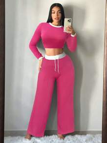 SHEIN SXY 2 件套女士休闲拼色长袖上衣和裤子套装，秋季