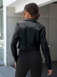 SHEIN LUNE Flap Pocket Crop PU Jacket Fall Winter Cloth For Women - Black - View 2