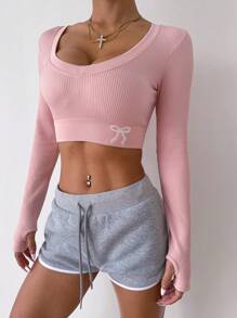 Easithlete Áo thun thể thao dáng ôm dài tay cổ chữ V in nơ cho nữ - Hồng - Xem 2