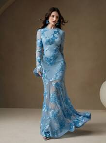 Anewsta 优雅蓝色花卉刺绣露背美人鱼紧身连衣裙女式长款女装 - 藍色 - 查看 5