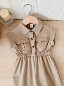 SHEIN LMoss Kids Baby Girl Cute Beige Short Sleeve Cinched Waist Jumpsuit, Collared, Summer - Camel - View 3